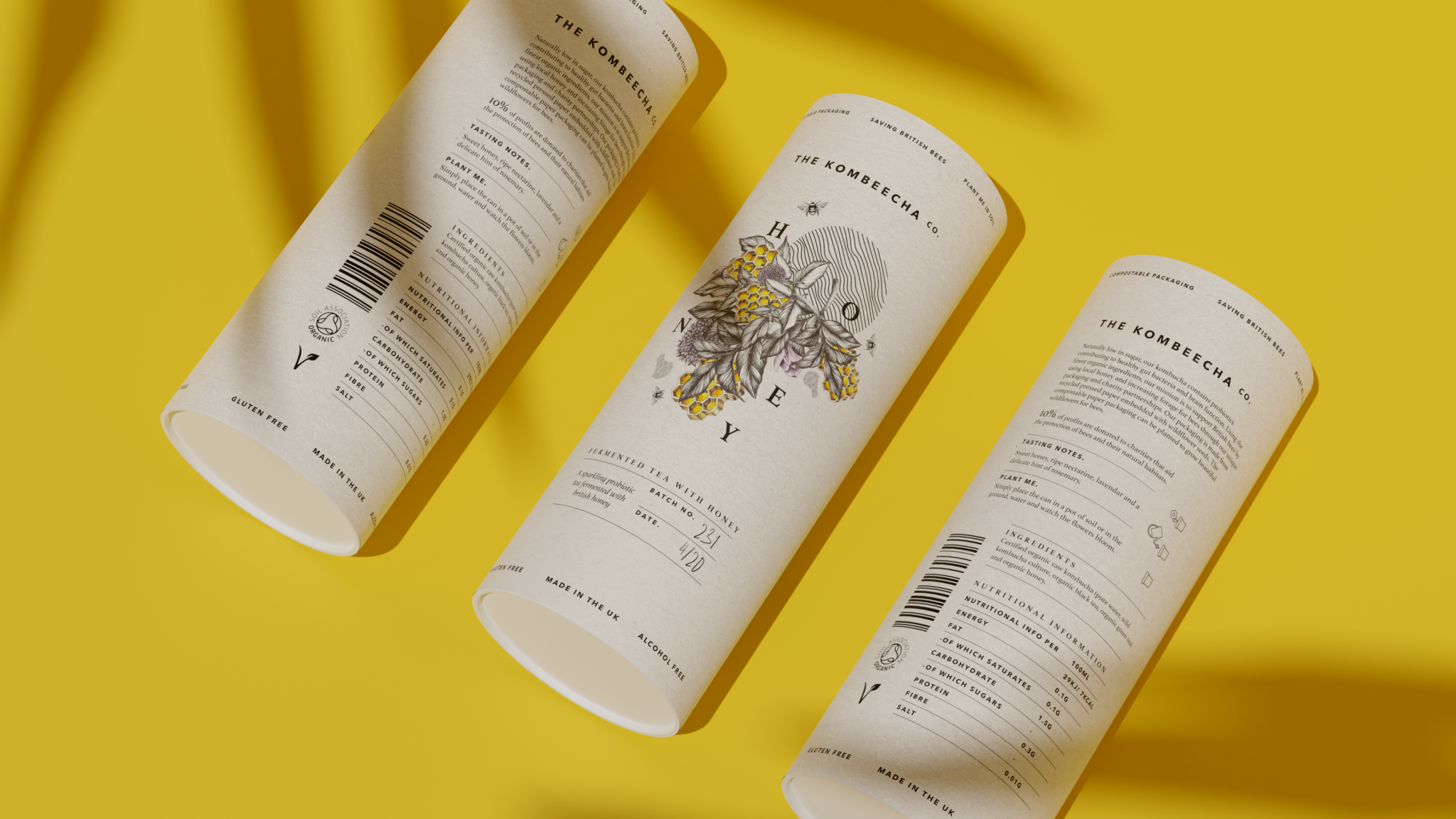 Image shows an overhead shot of the kombucha drinks with illustrative bee branding against a mustard yellow background
