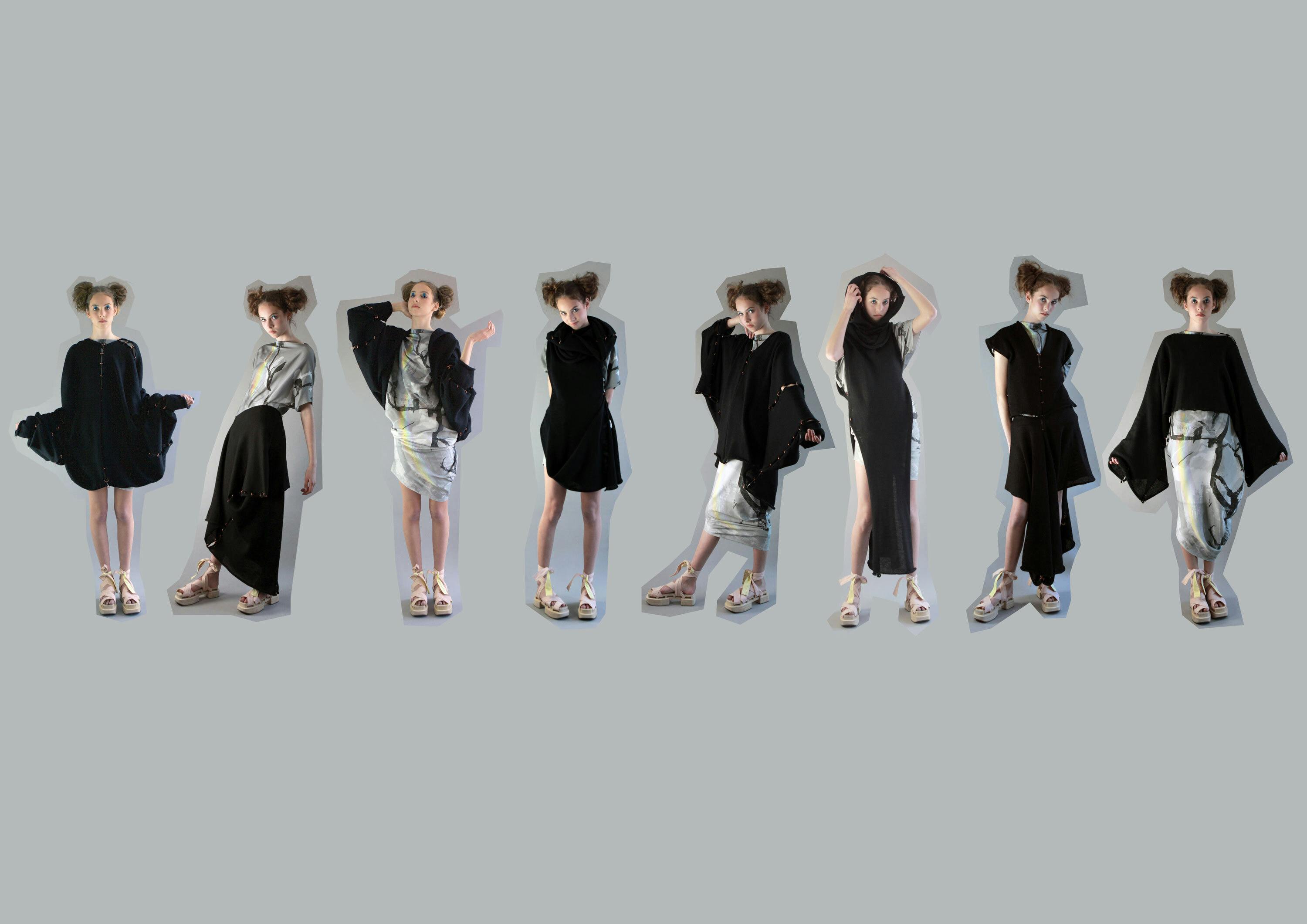 Image shows multiple images of the same woman dressed in monochromatic dresses and outfits from Eve Copper's collection