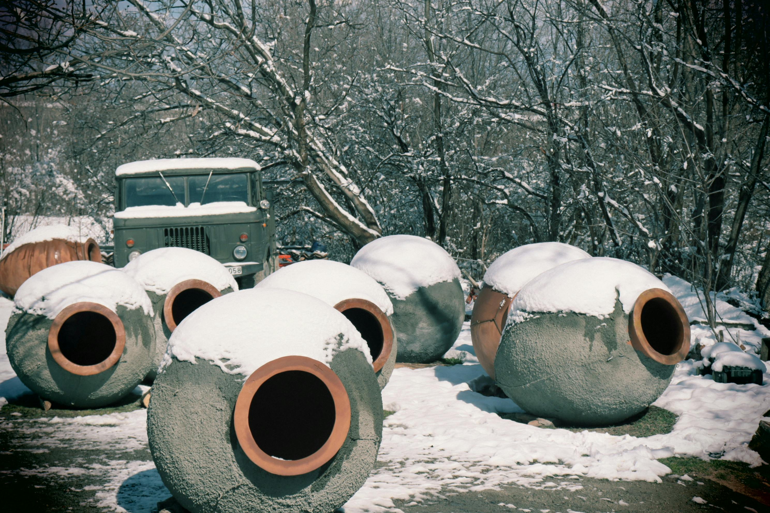 Kvervis are large ceramic vessels which are buried below the ground filled with grapes which are left to ferment to make wine in Georgia photo by Makuna Gotsadze