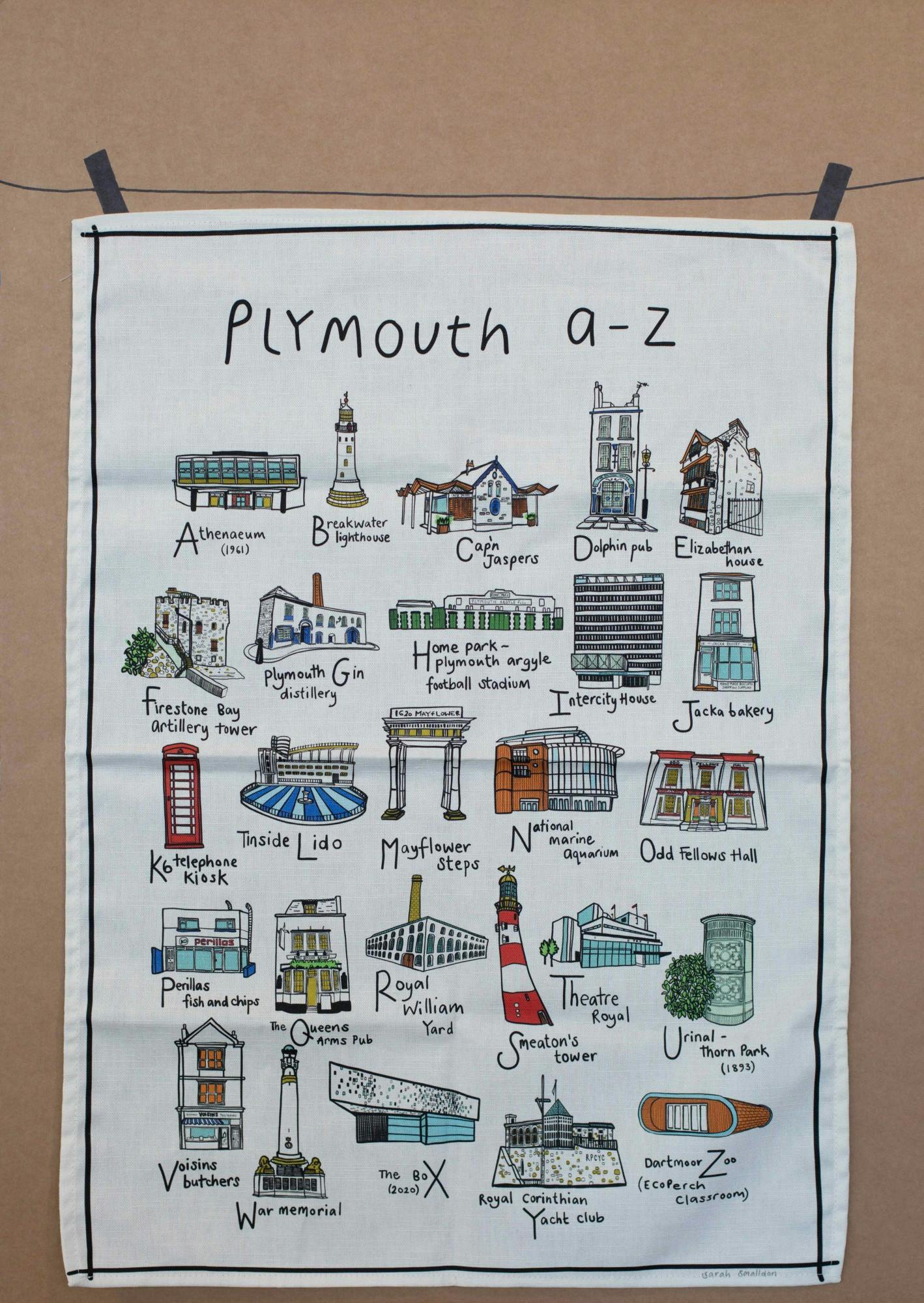 Sarah Smalldon Plymouth a to z teatowel Made in Plymouth