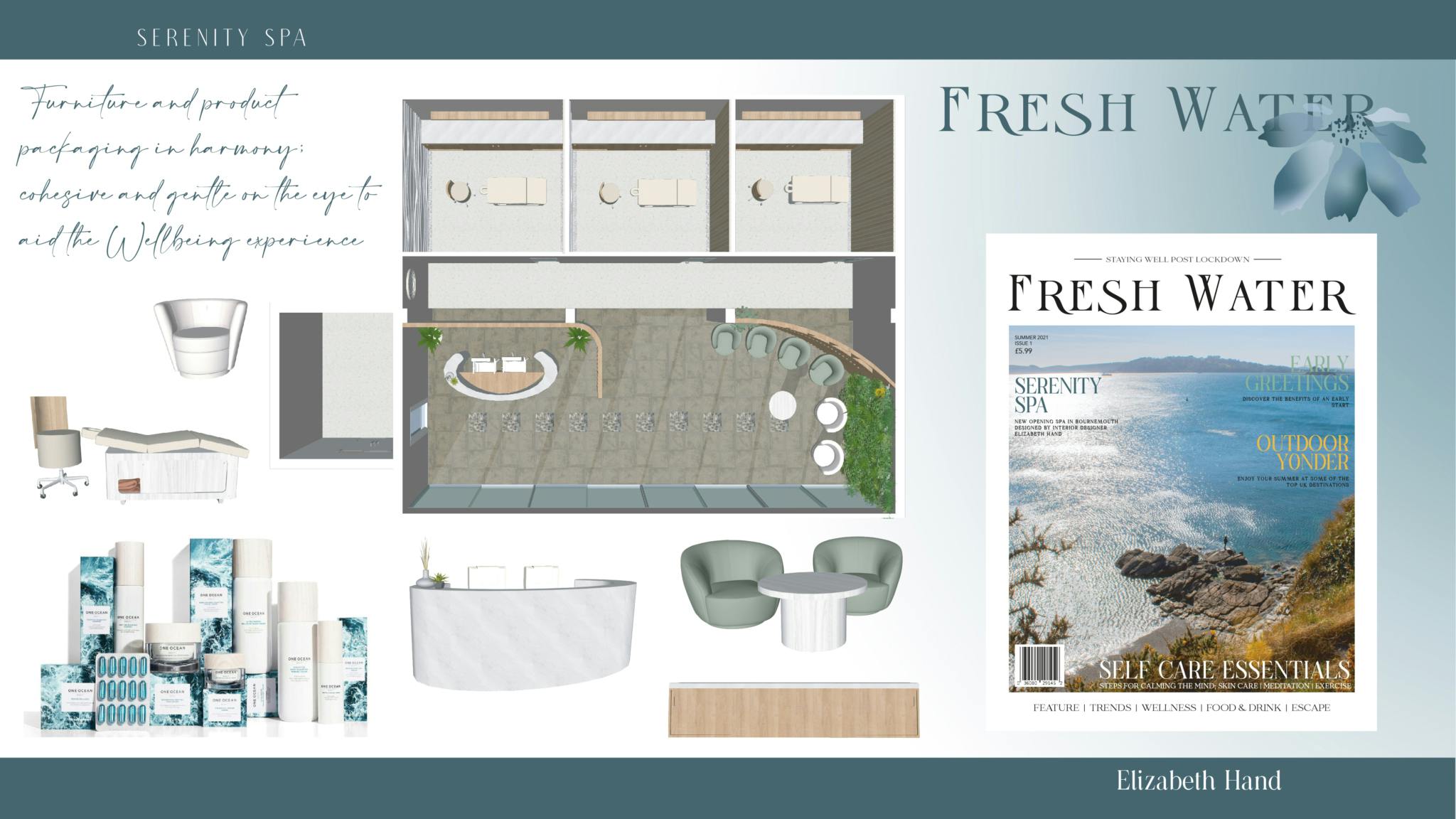 Plymouth College of Art graduating Interiors student Lizzy Hand's mood board for final major project featuring Serenity Spa and Fresh Water Magazine concepts, with blue and green muted colours, product shots and a spa floor plan