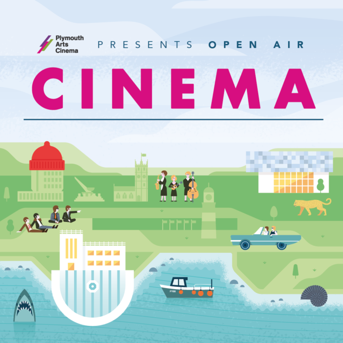 Illustration shows Plymouth Hoe and Tinside Lido in vector illustration form featuring classic landmarks and famous events including Smeatons Tower and The Beatles
