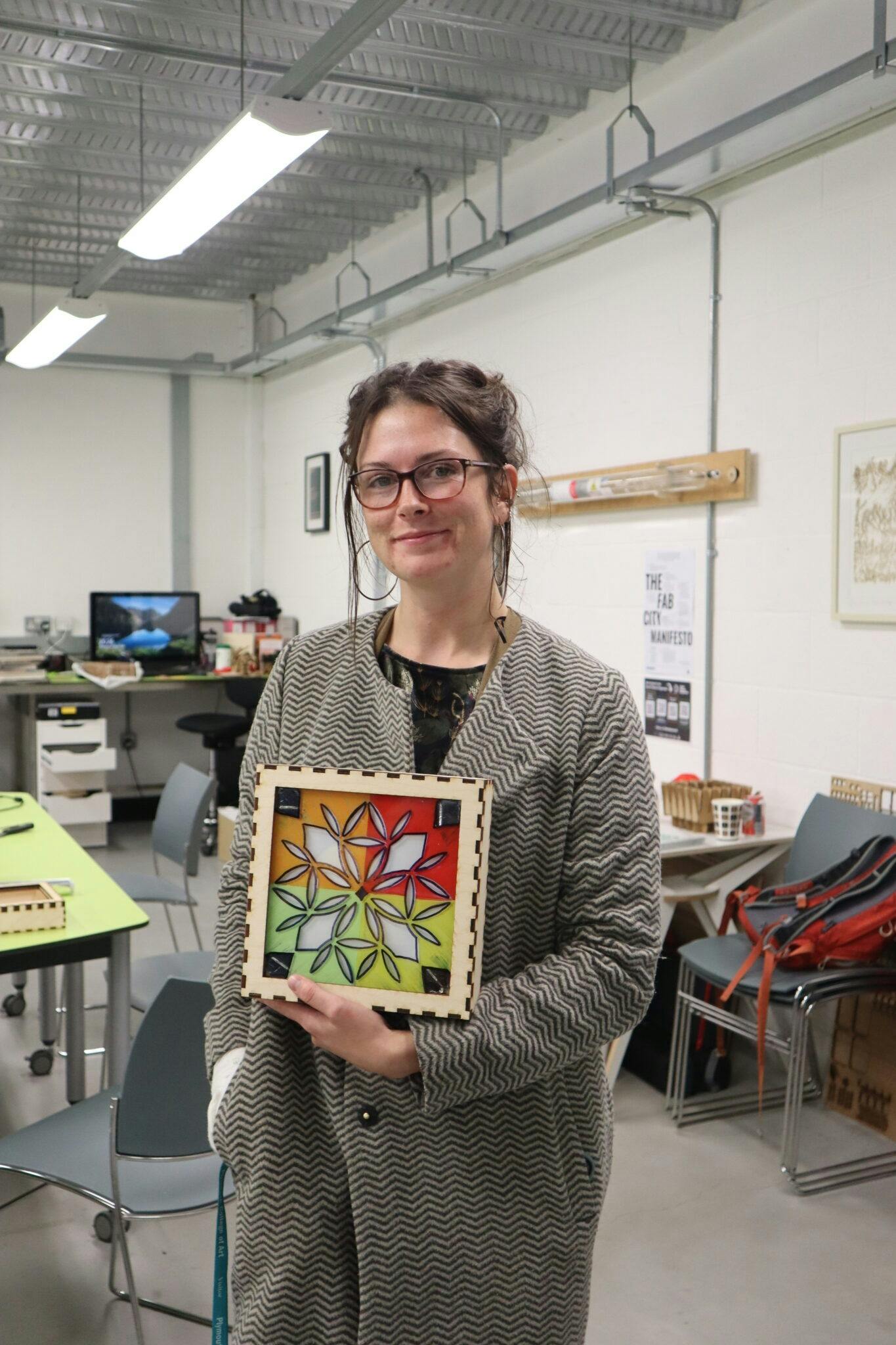 Participant Kerry Brosnan with her finished solar artwork