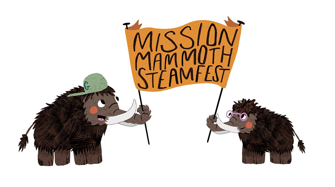 Two mammoth characters designed by Arts University Plymouth BA Hons Illustration student Zara Mc Dermott holding an orange banner for Mission Mammoth